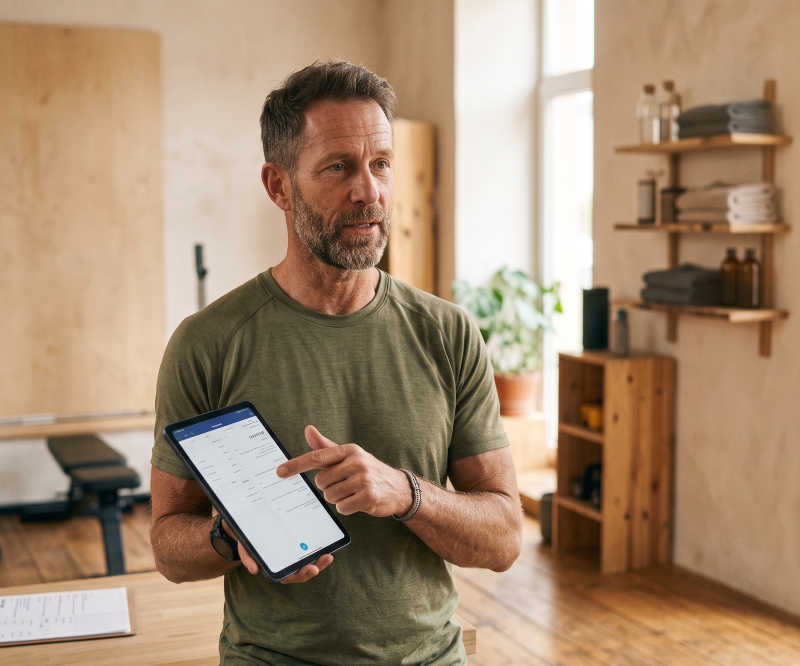 Un entrenador muestra un programa de entrenamiento en una tablet, en un estudio cálido con luz natural.